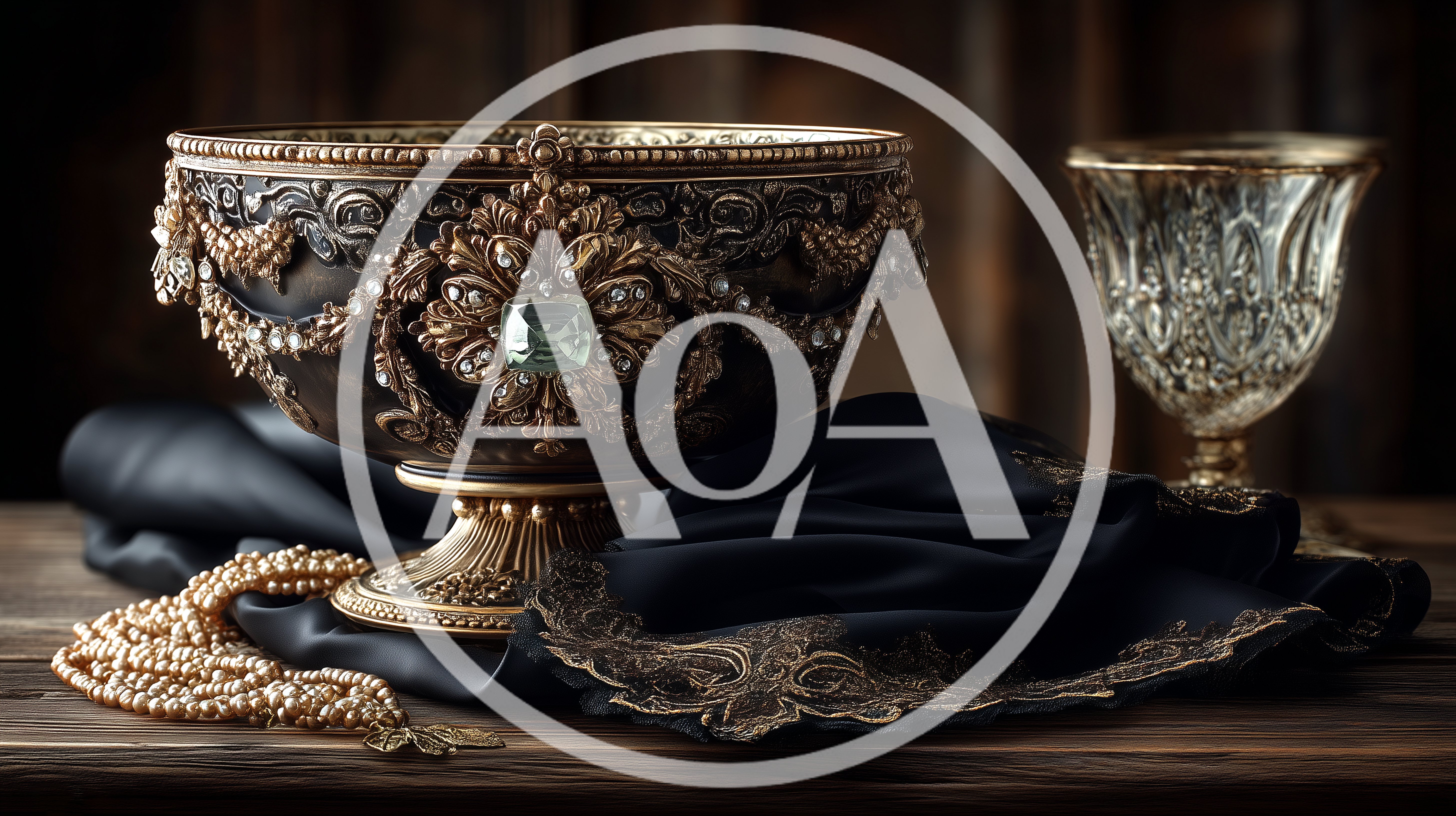 Ornate Antique Chalice With Pearls And Black Fabric