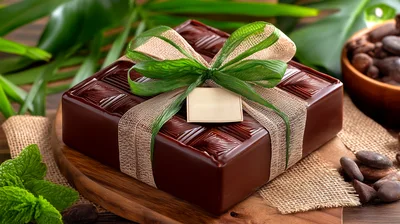 Square Chocolate Bar Gift Wrapped With Green Ribbon