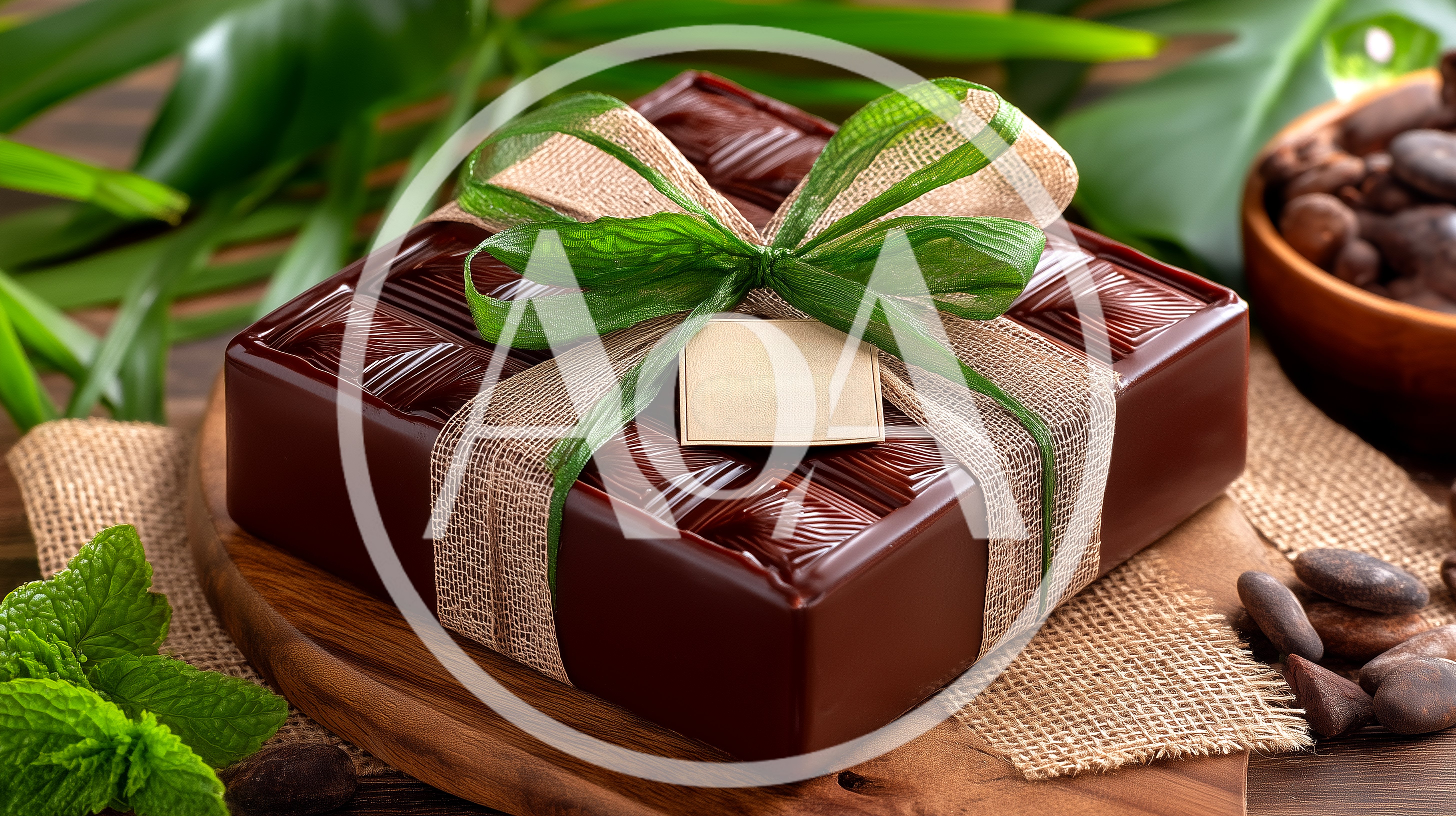 Square Chocolate Bar Gift Wrapped With Green Ribbon