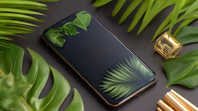 Smartphone With Tropical Leaves And Gold Accessories