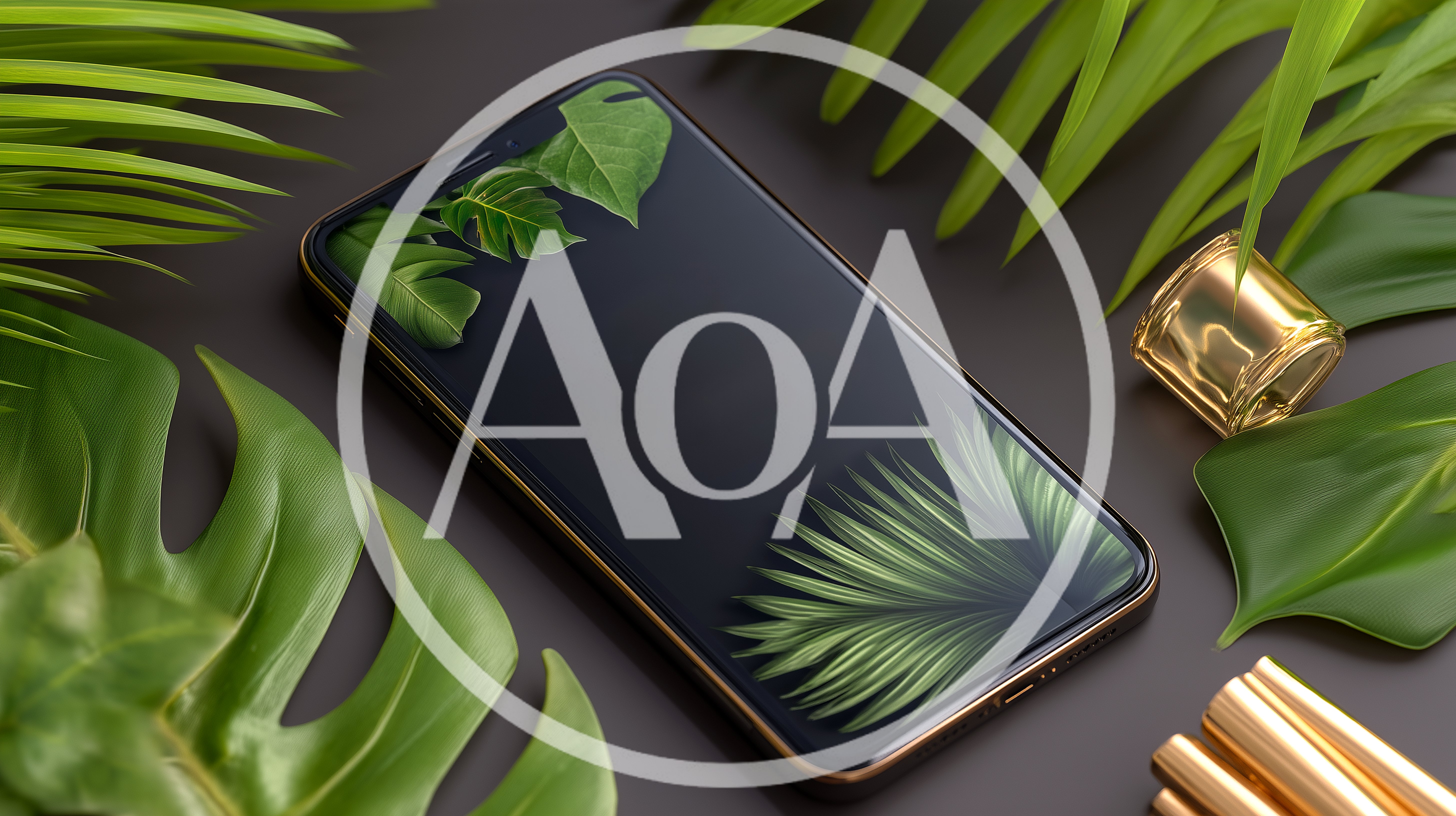 Smartphone With Tropical Leaves And Gold Accessories