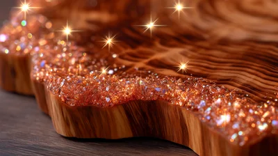 Live Edge Wood Slab With Sparkling Amber Resin Inlay