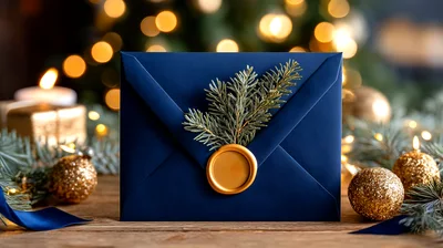 Blue Envelope With Wax Seal And Pine Sprig