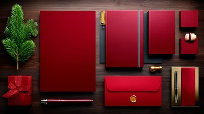 Red Stationery Set With Christmas Decor On Wood