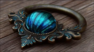 Ornate Antique Brass Drawer Pull With Blue Glass