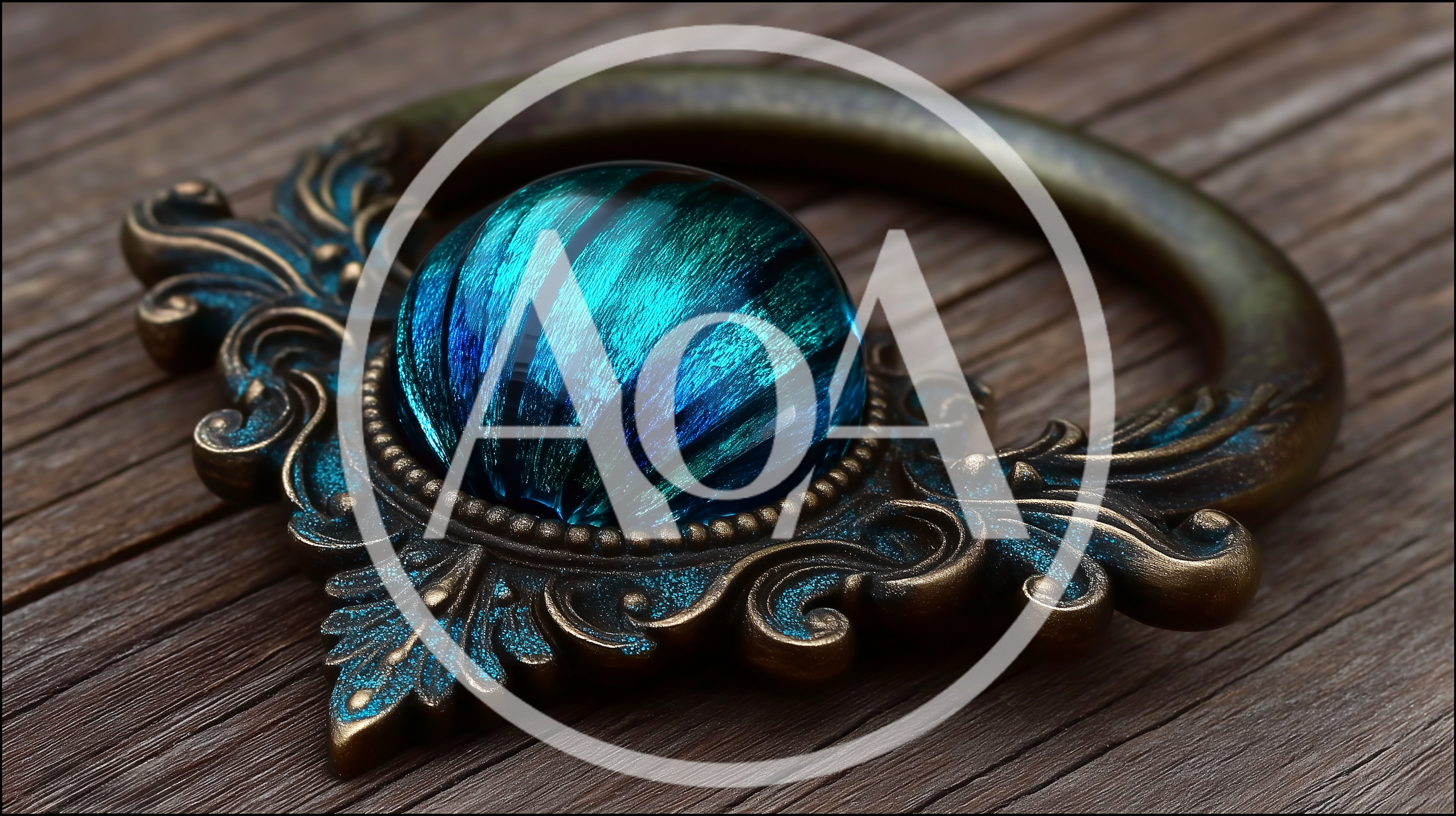 Ornate Antique Brass Drawer Pull With Blue Glass