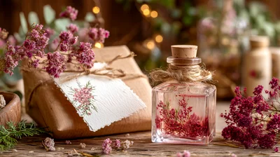 Rustic Gift Box And Glass Bottle With Dried Flowers