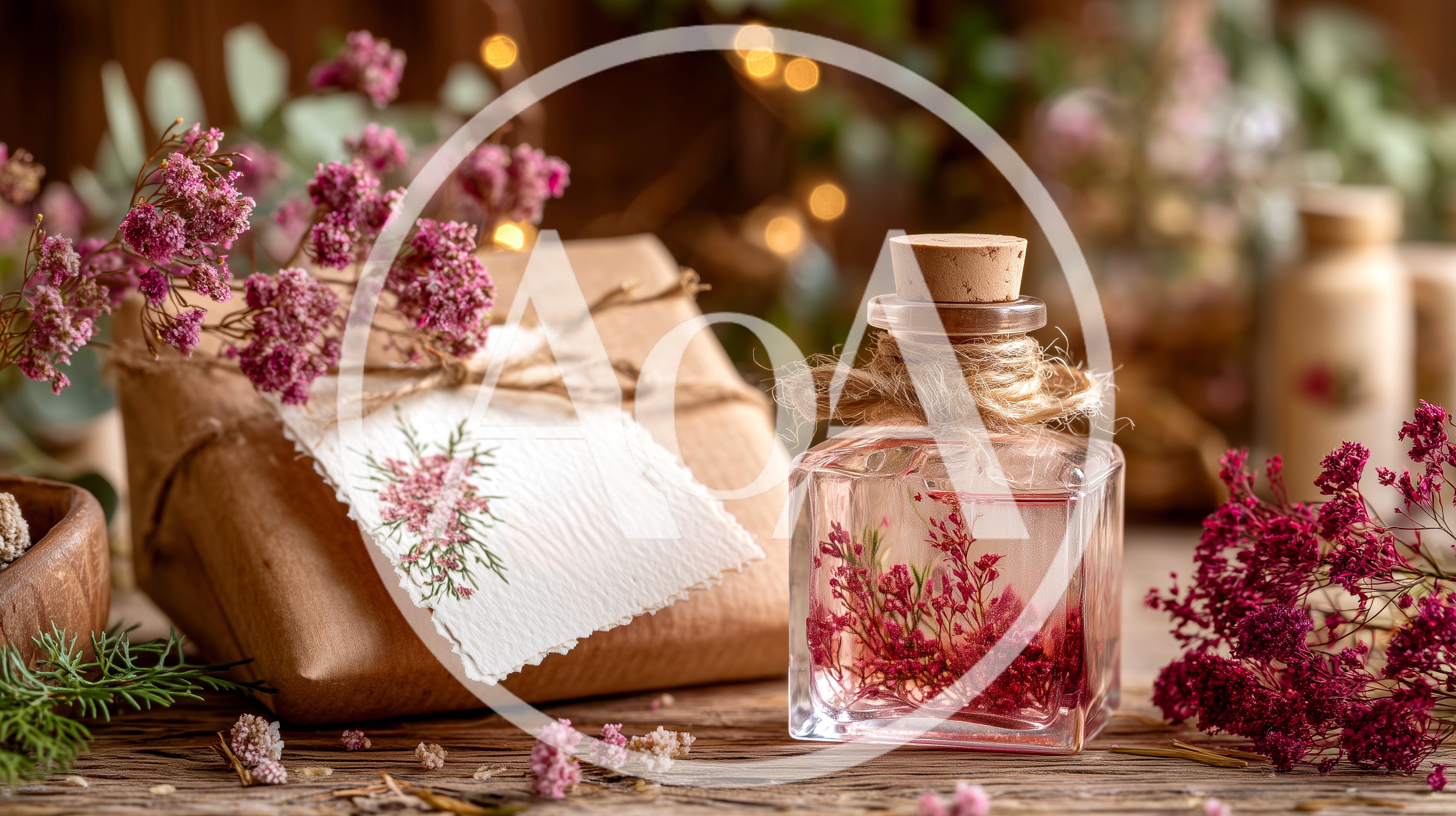 Rustic Gift Box And Glass Bottle With Dried Flowers