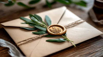 Elegant Envelope With Wax Seal And Olive Branch