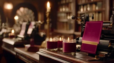 Vintage Typewriter With Candles In A Dim Library