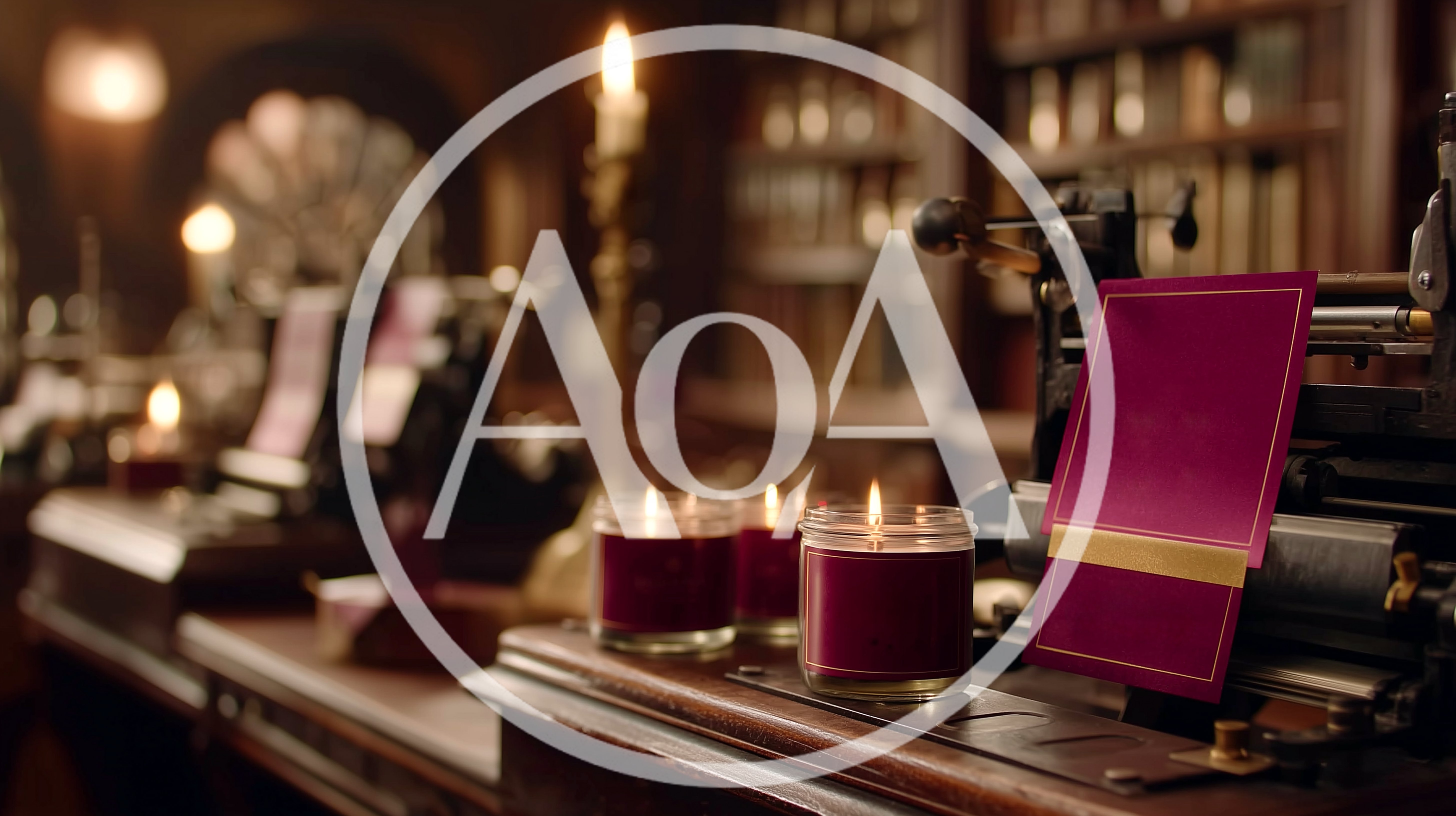 Vintage Typewriter With Candles In A Dim Library