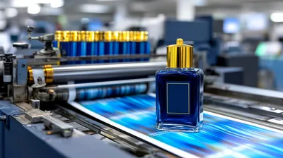 Blue Perfume Bottle On Industrial Printing Press