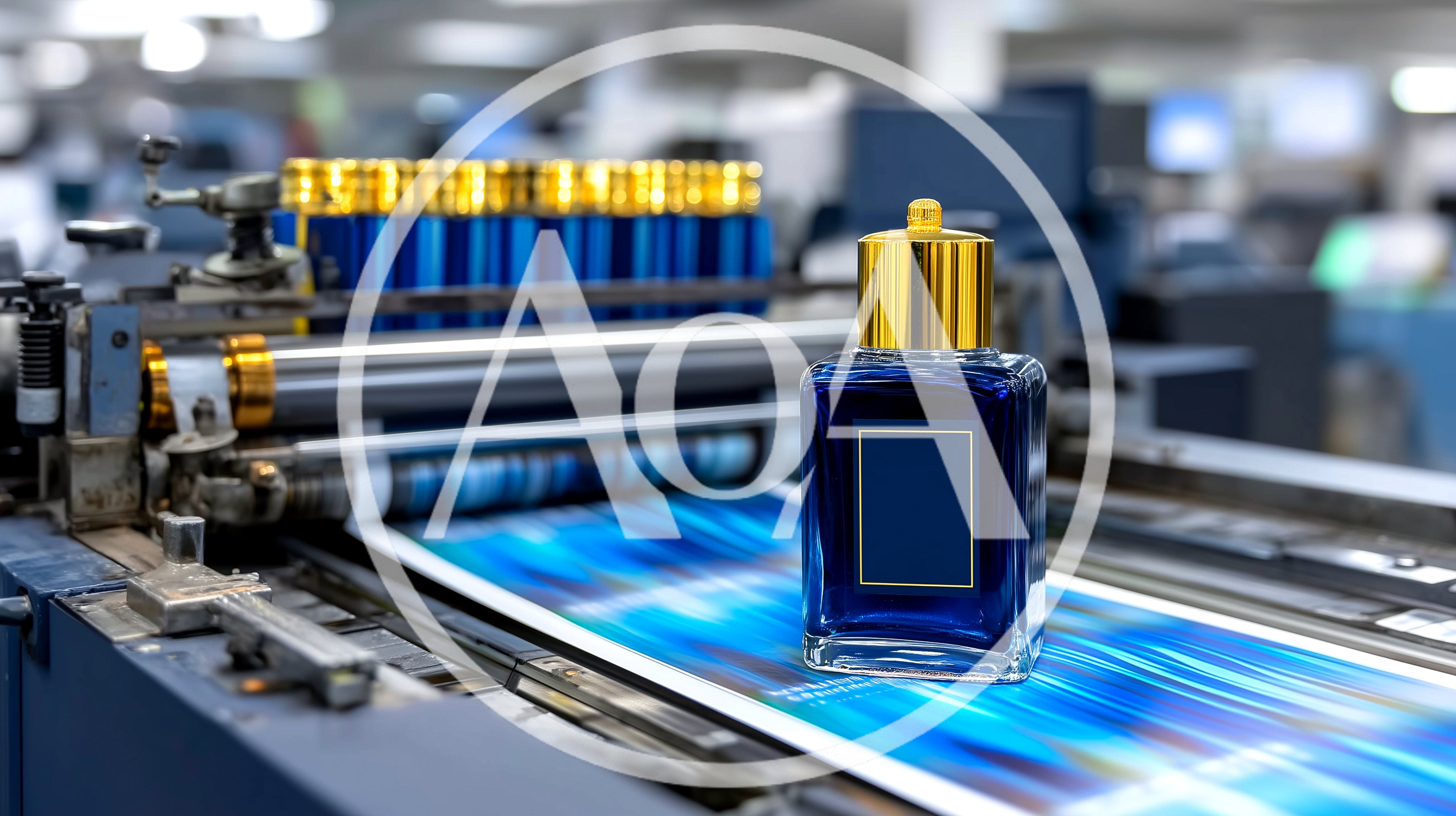 Blue Perfume Bottle On Industrial Printing Press