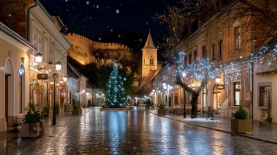 Festive Christmas Tree In A Historic European Town Square