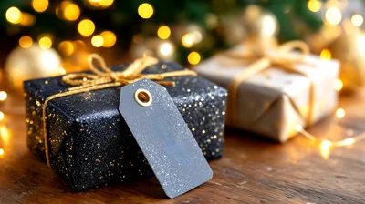 Black Glitter Gift Box With Blank Tag