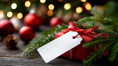Red Christmas Gift Box With Blank Tag