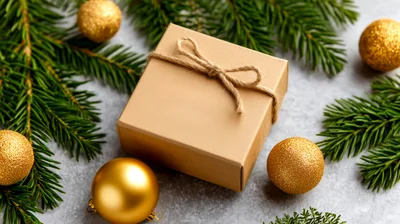 Christmas Gift Box With Gold Ornaments And Pine Branches