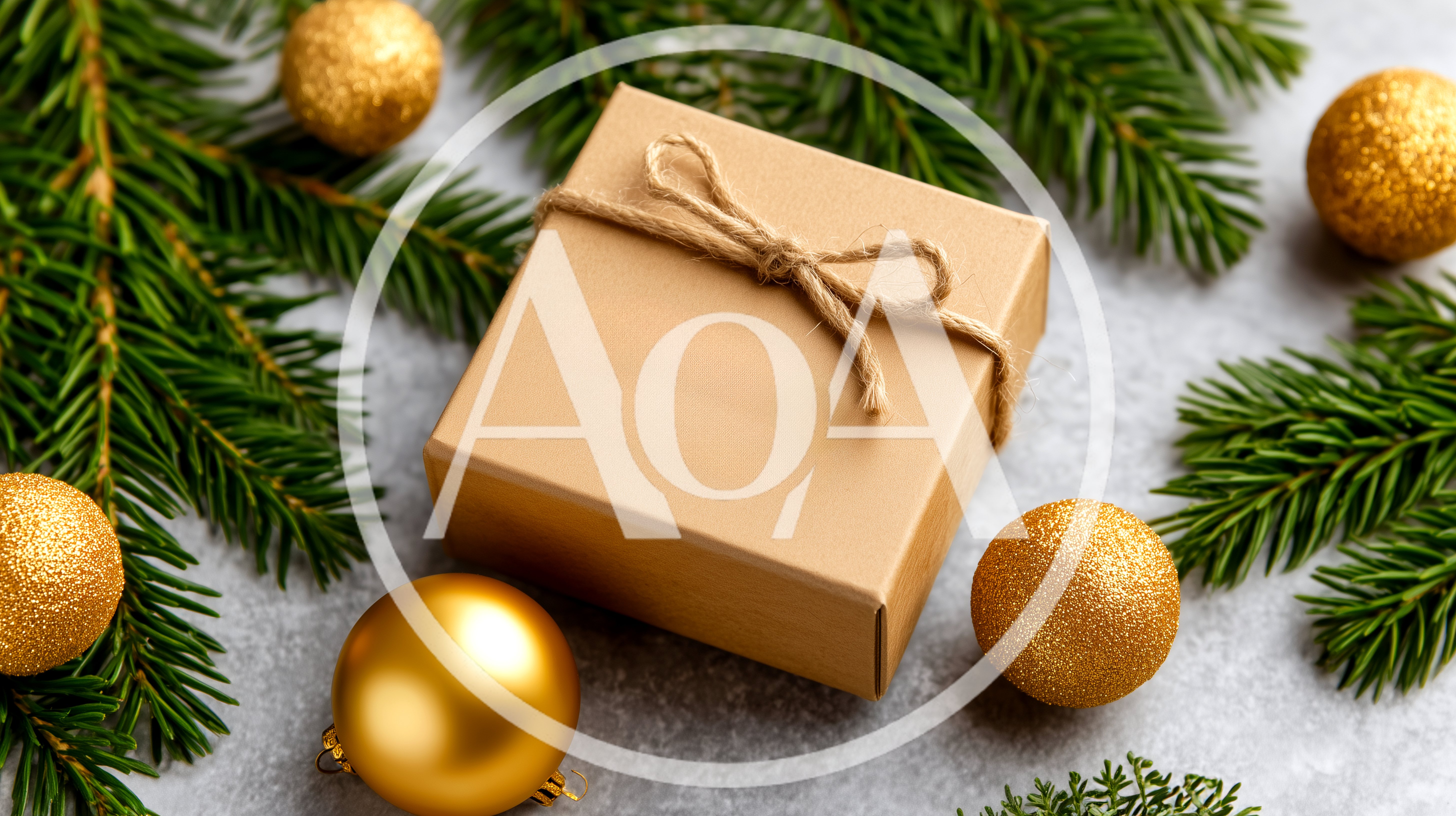 Christmas Gift Box With Gold Ornaments And Pine Branches