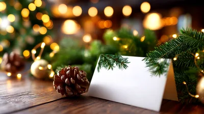 Blank Christmas Place Card On Wooden Table