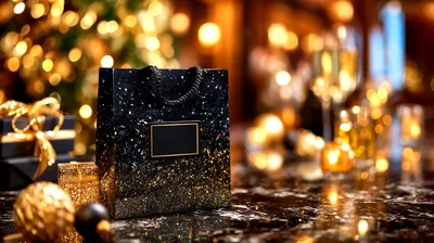 Elegant Black And Gold Gift Bag On Marble Surface