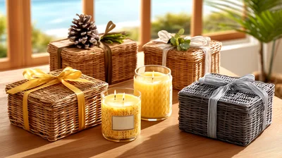 Woven Gift Baskets And Scented Candles On Wooden Table