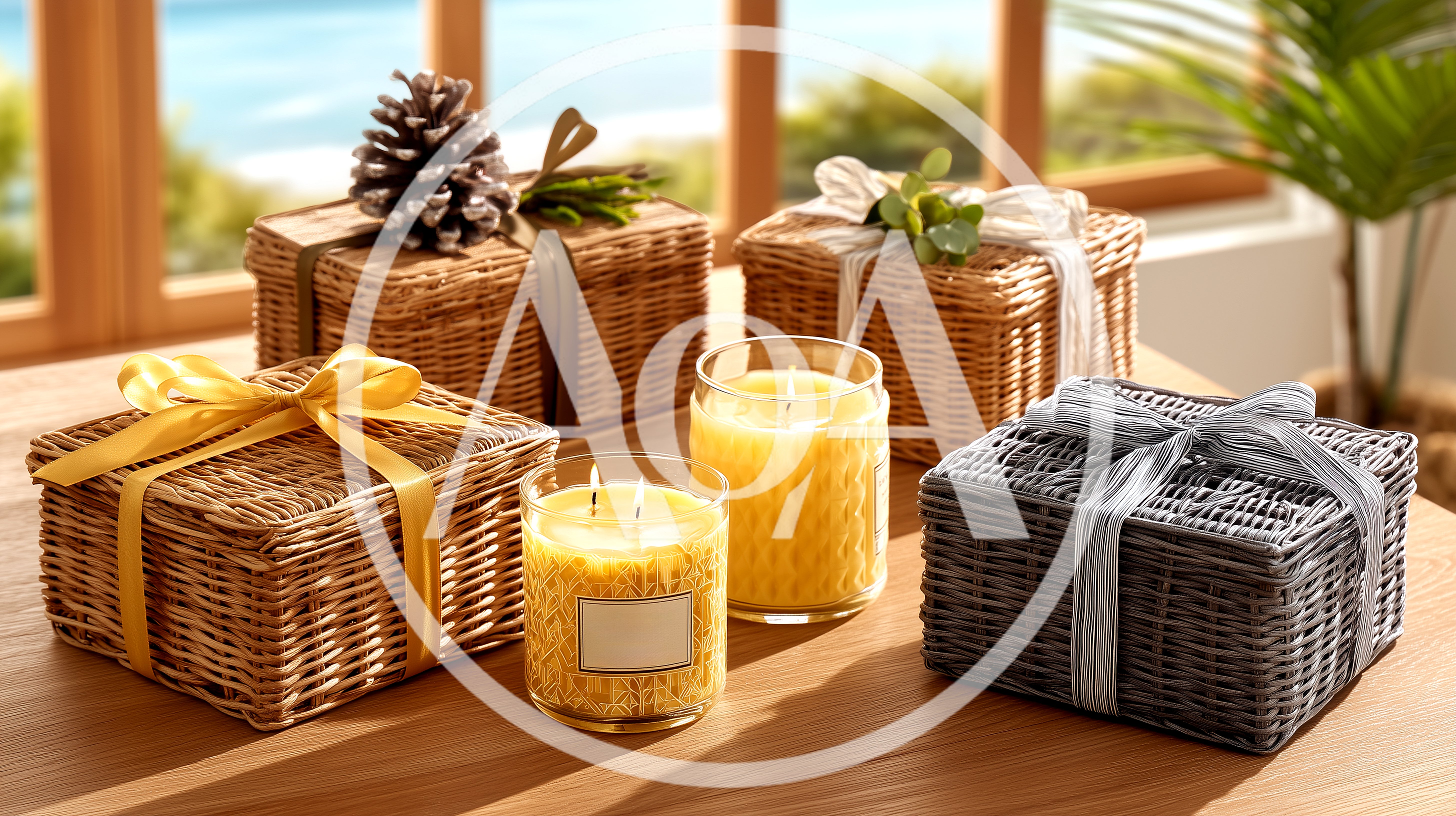 Woven Gift Baskets And Scented Candles On Wooden Table