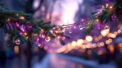 Christmas Tree Branches Decorated With Glowing Fairy Lights