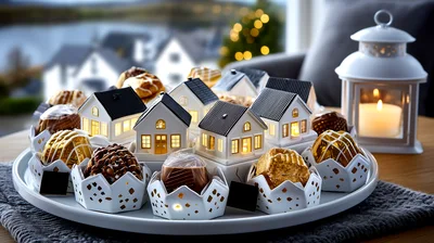 Miniature Ceramic Houses And Chocolates On A Serving Tray