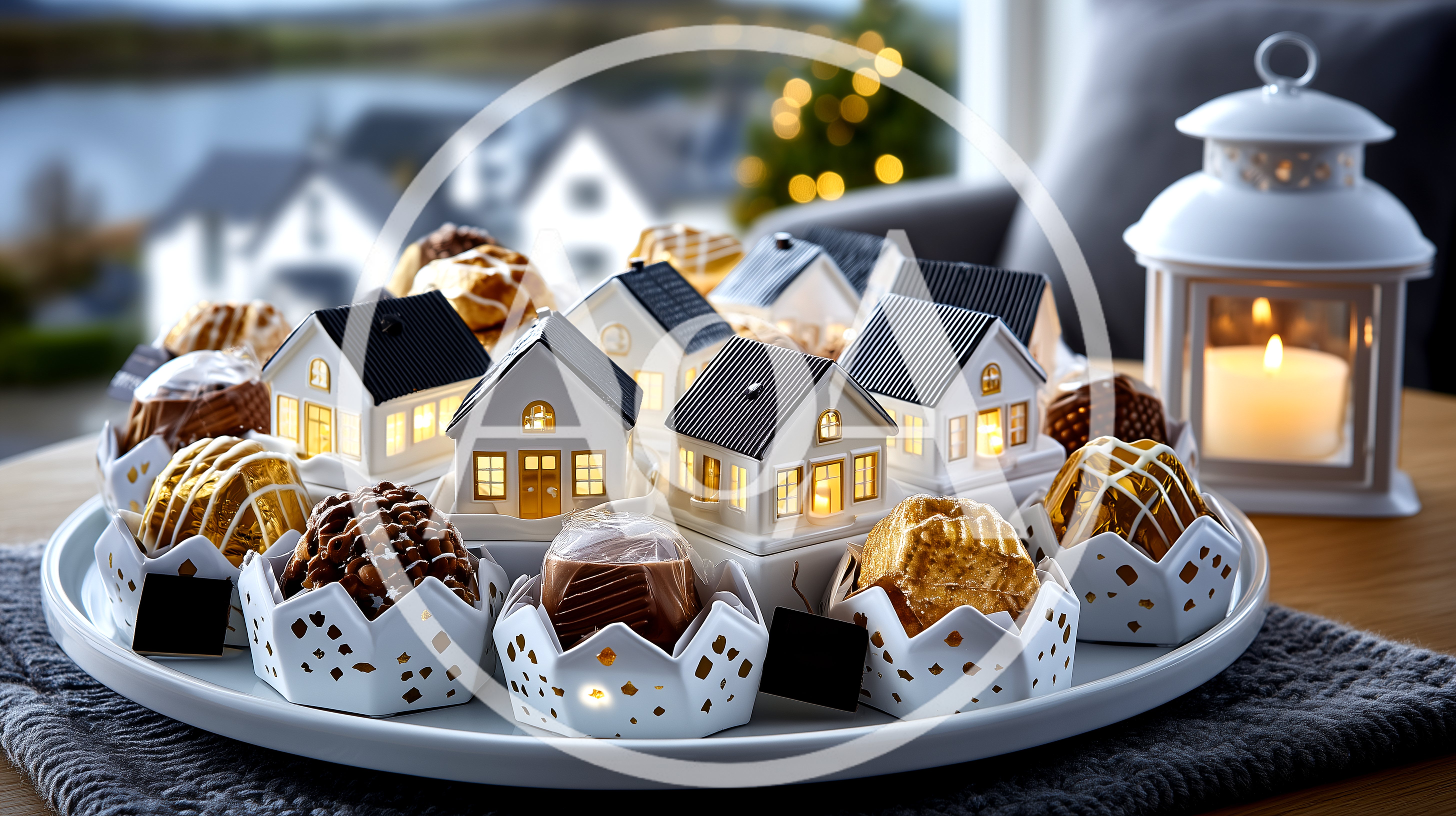 Miniature Ceramic Houses And Chocolates On A Serving Tray