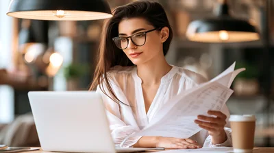 Professional Woman Working On Laptop With Documents