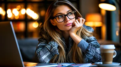 Young Woman Thinking While Working On Laptop In Cafe