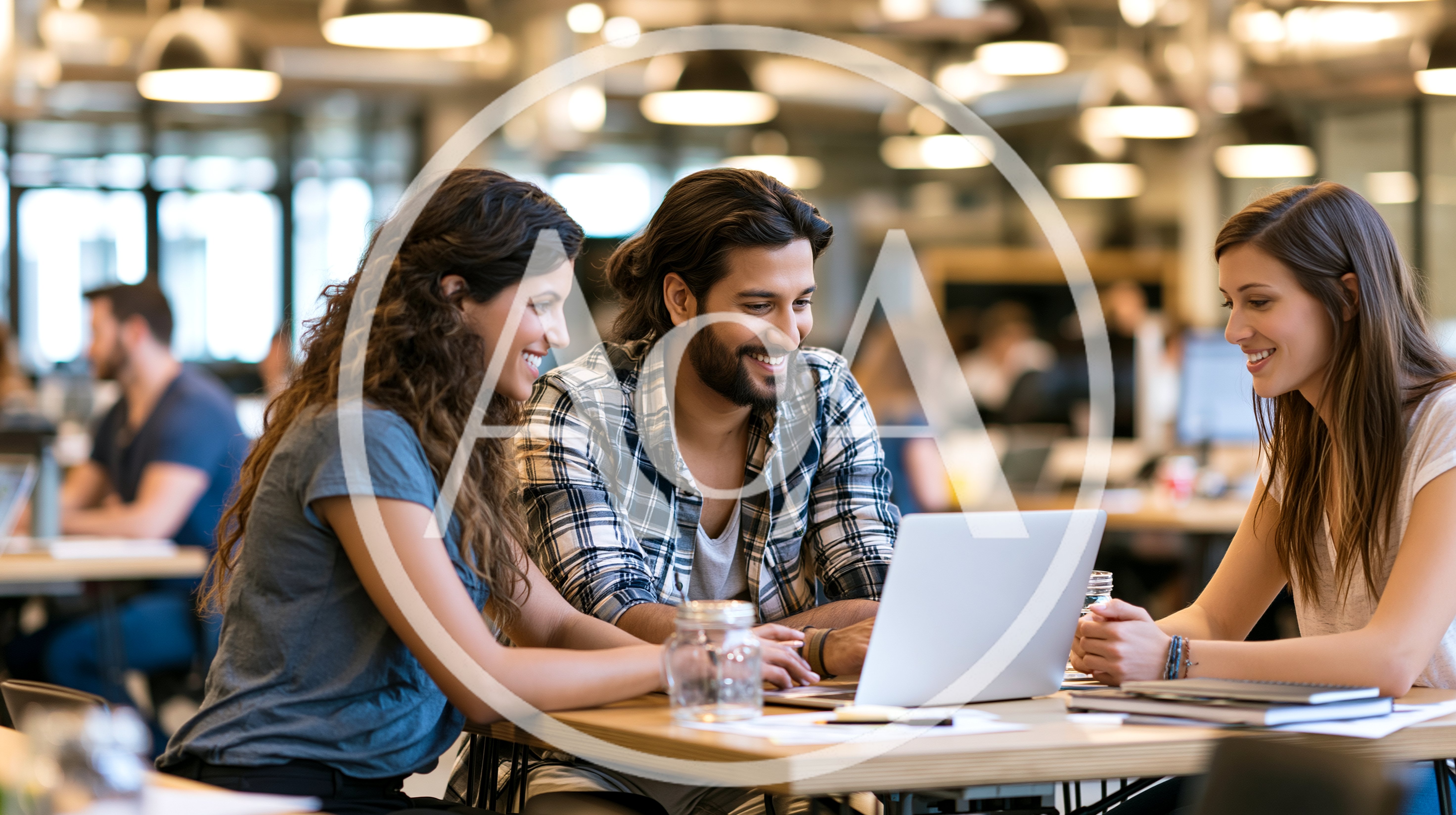 Diverse Students Collaborating on Laptop in Modern Office