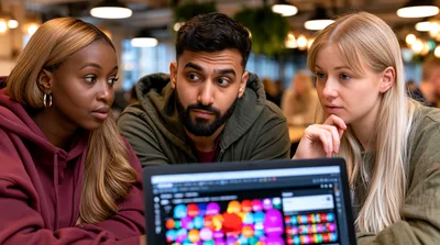 Diverse Students Collaborating on Laptop Project in Modern Office