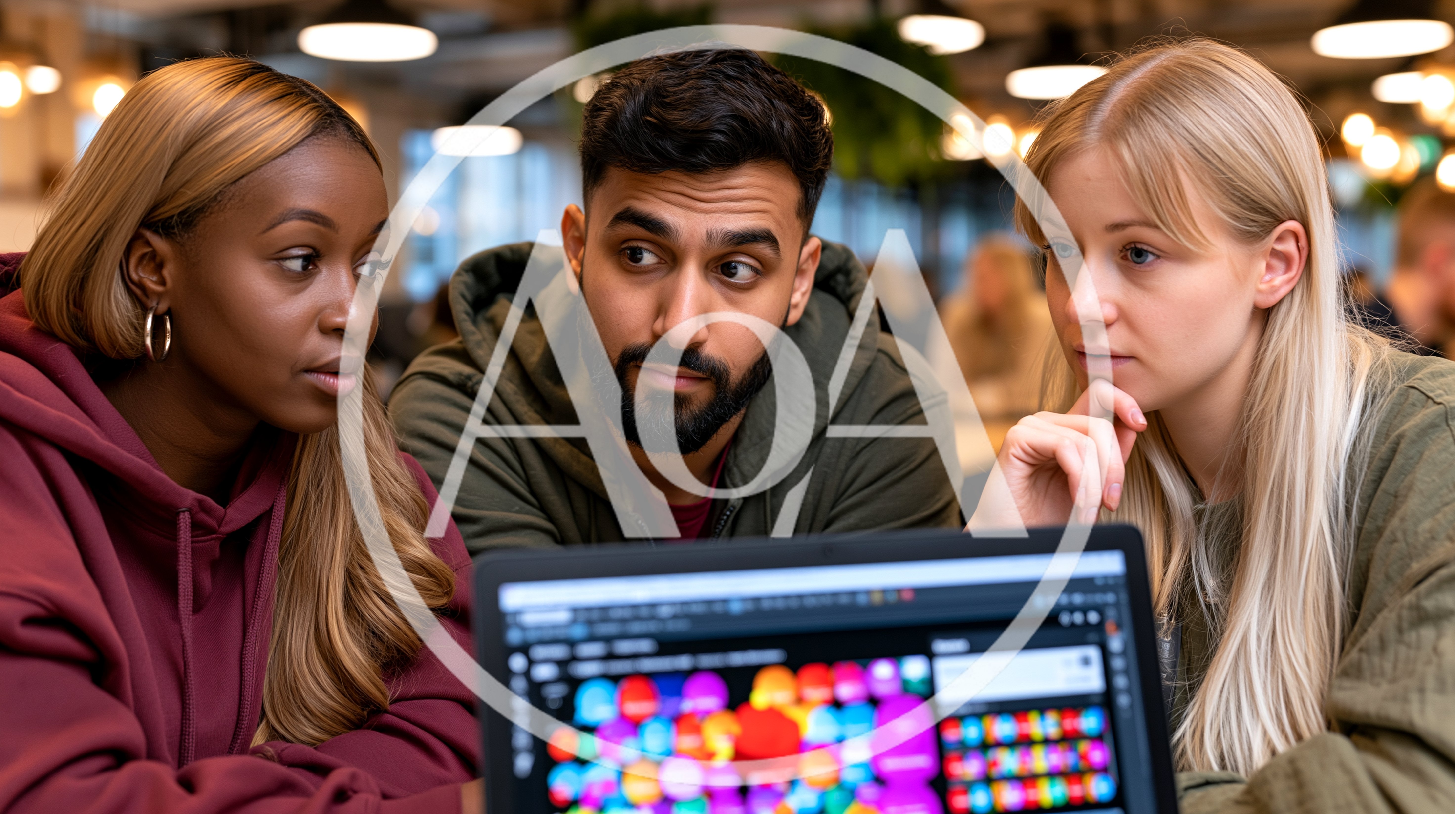 Diverse Students Collaborating on Laptop Project in Modern Office