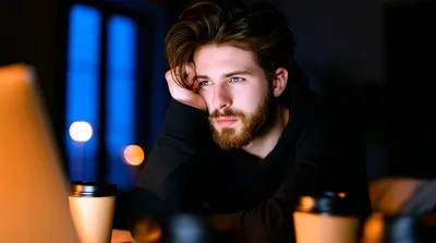 Young Man Working Late At Night On Laptop