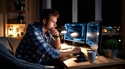 Young Programmer Coding On Dual Monitors At Night