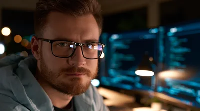 Young Male Software Developer Working Late At Night