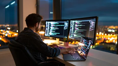 Software Developer Coding On Multiple Monitors At Night