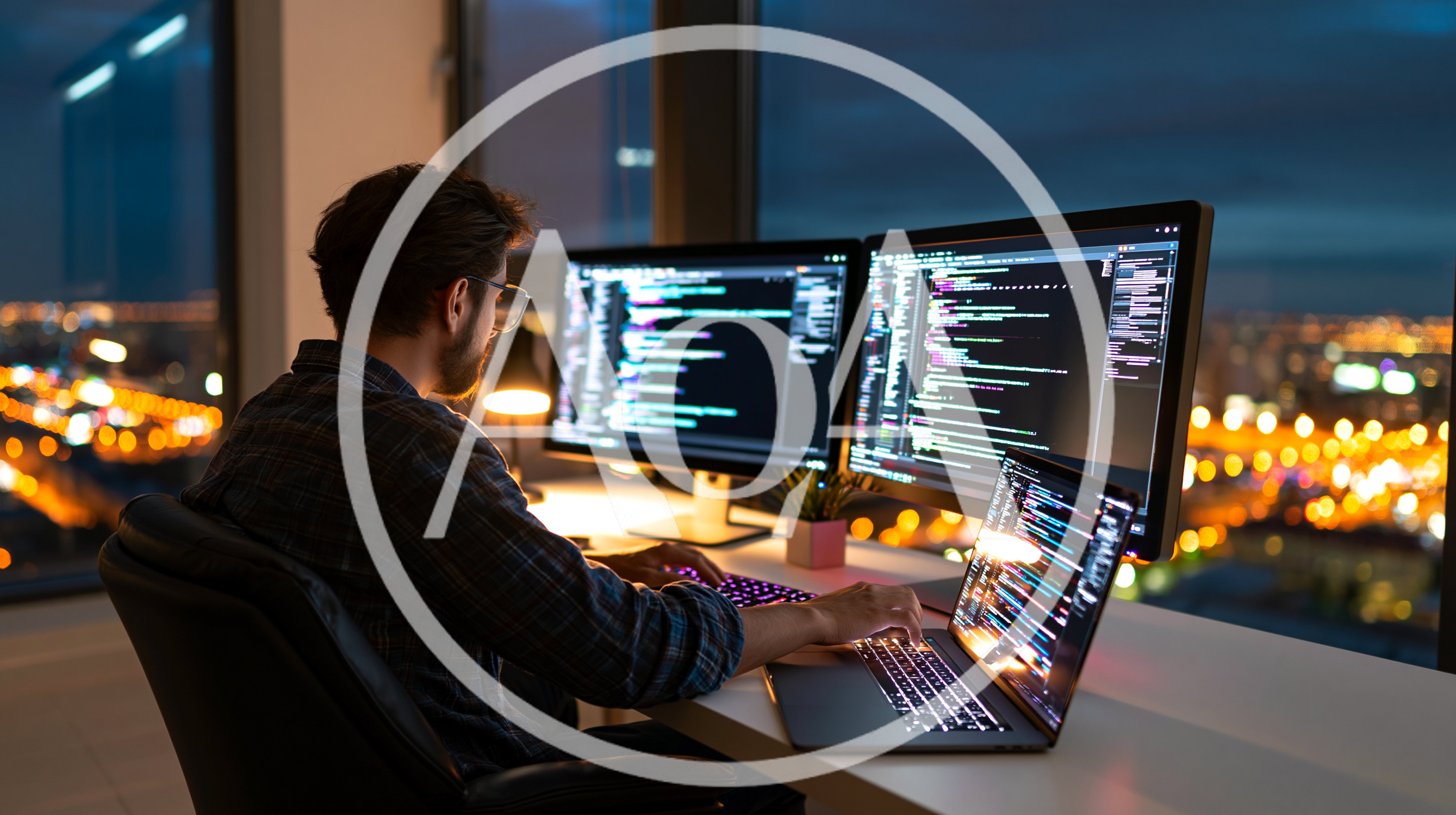 Software Developer Coding On Multiple Monitors At Night