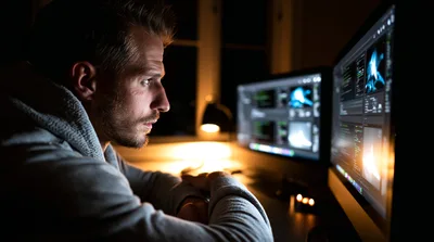 Focused Software Developer Working Late At Night