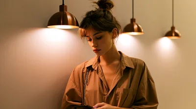 Young Woman Using Smartphone Under Warm Pendant Lighting