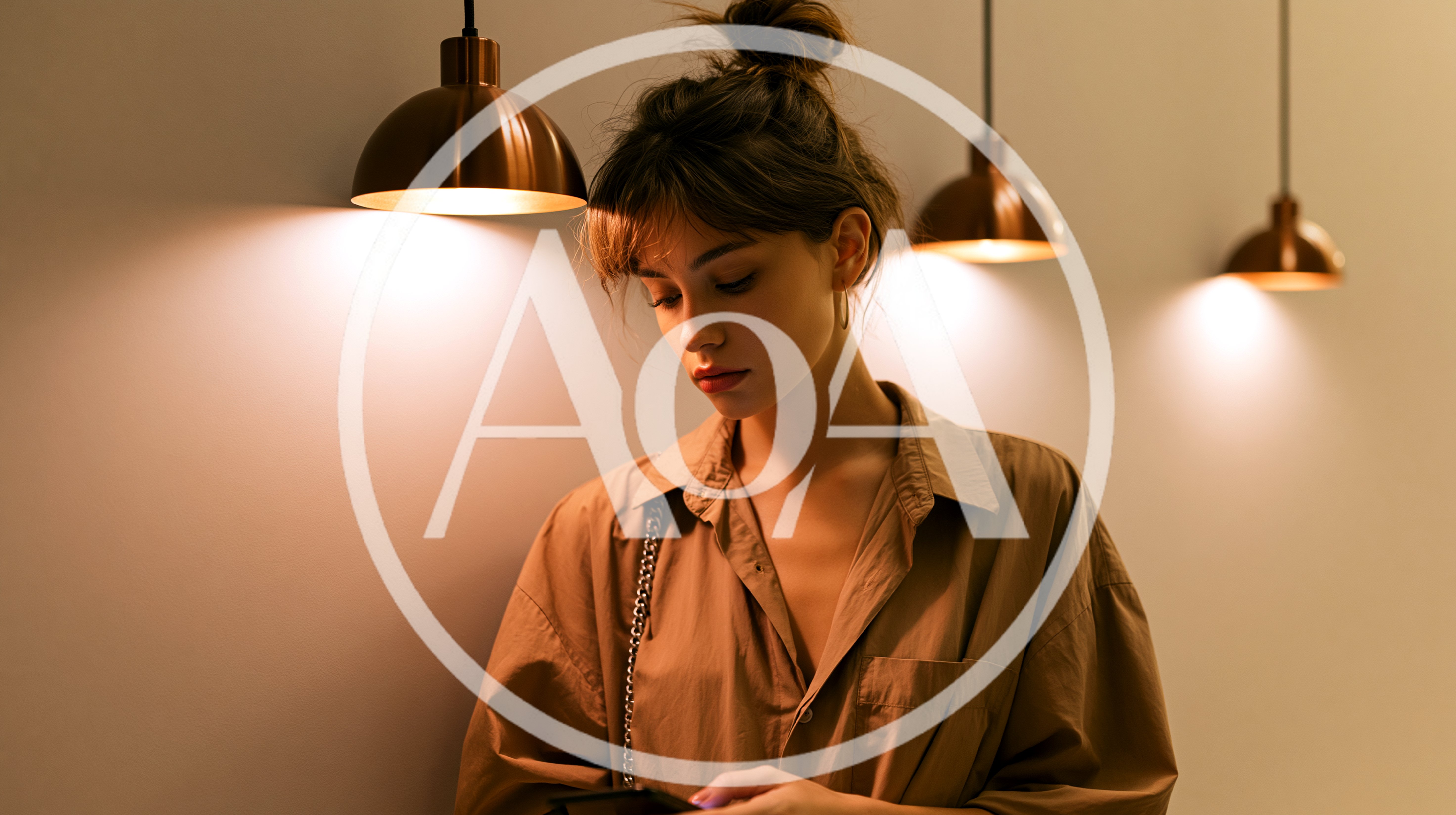 Young Woman Using Smartphone Under Warm Pendant Lighting