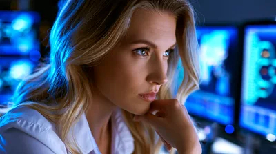 Focused Businesswoman Working At Computer In Dark Office