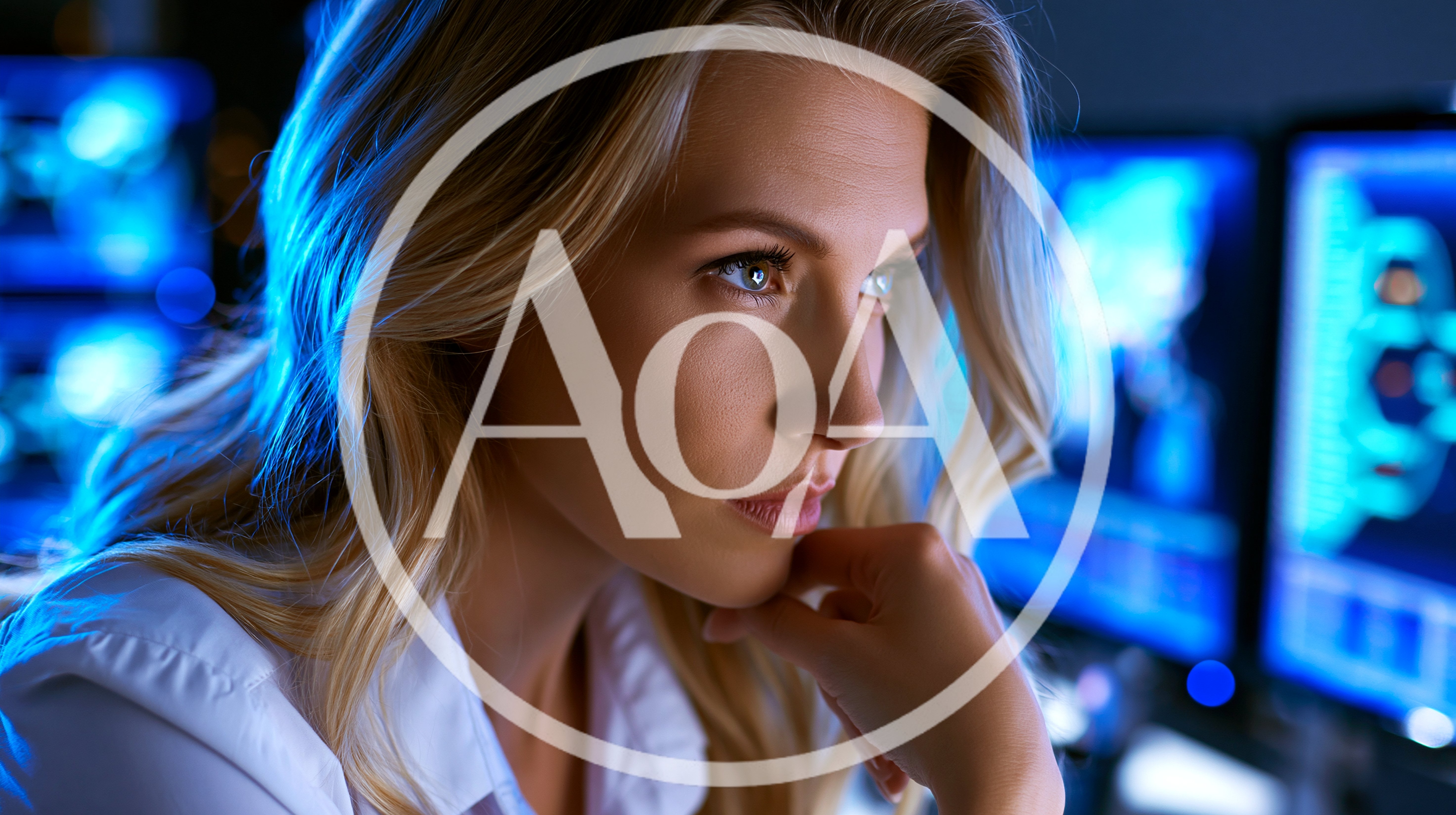 Focused Businesswoman Working At Computer In Dark Office