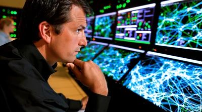 Male Network Operations Center Technician Monitoring Data Screens