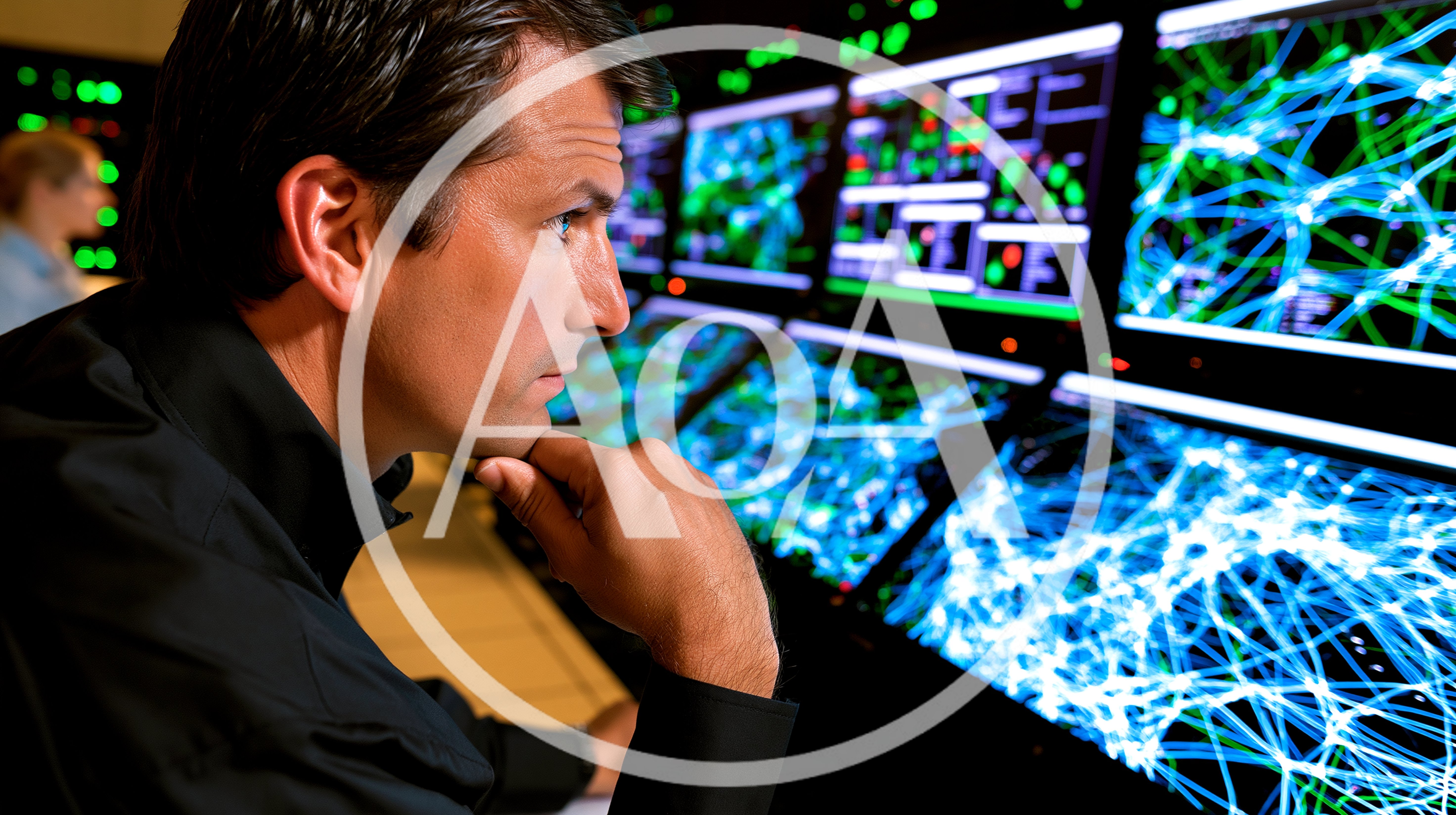 Male Network Operations Center Technician Monitoring Data Screens
