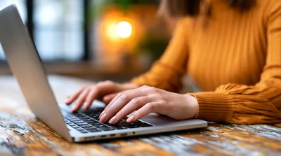 Woman Typing On A Laptop At A Wooden Table