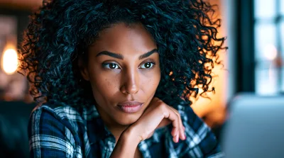 Focused Woman Working On Laptop In Dimly Lit Office