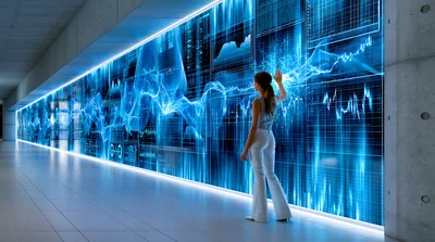 Woman Interacting With Large Digital Data Visualization Wall
