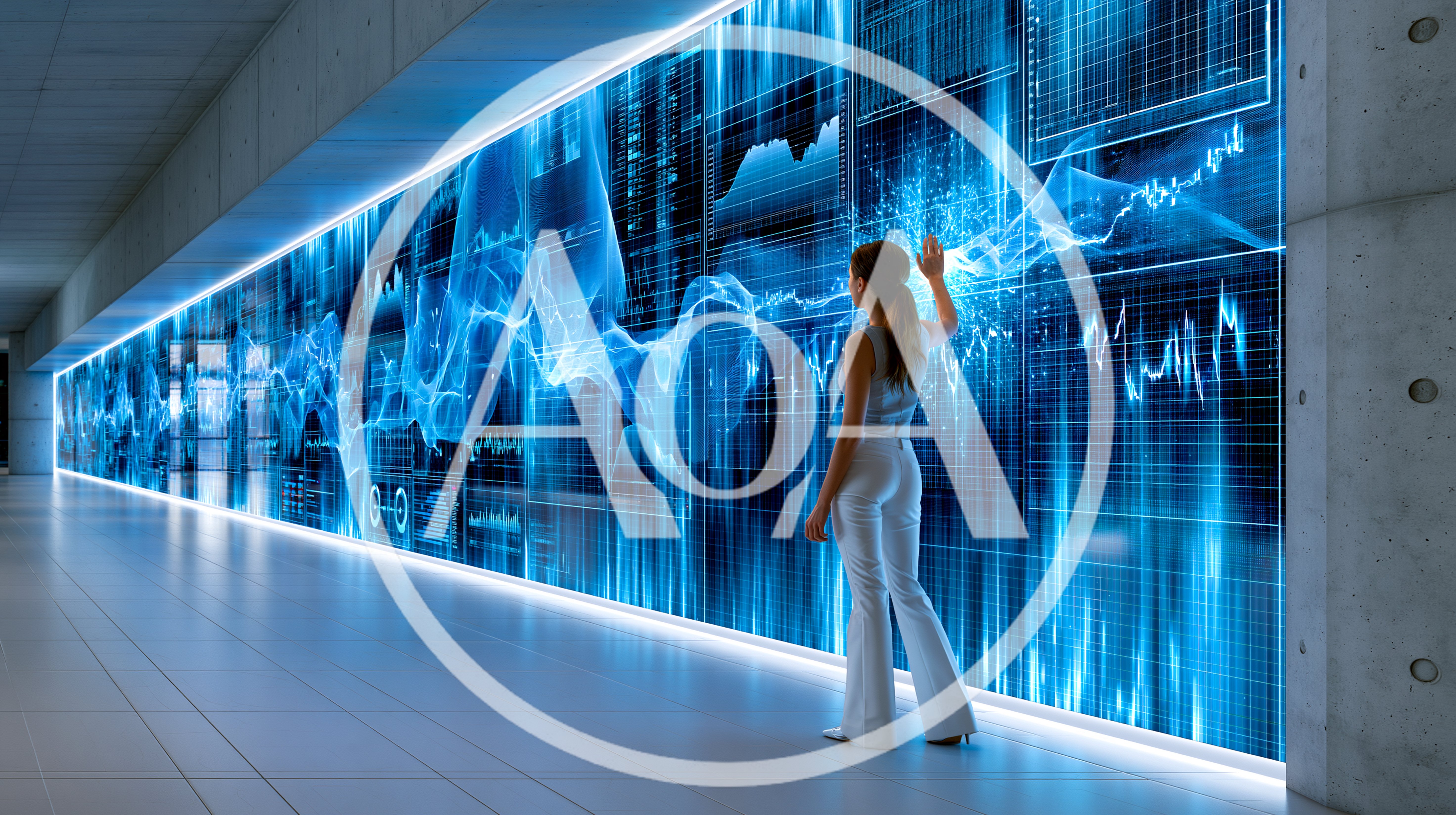 Woman Interacting With Large Digital Data Visualization Wall